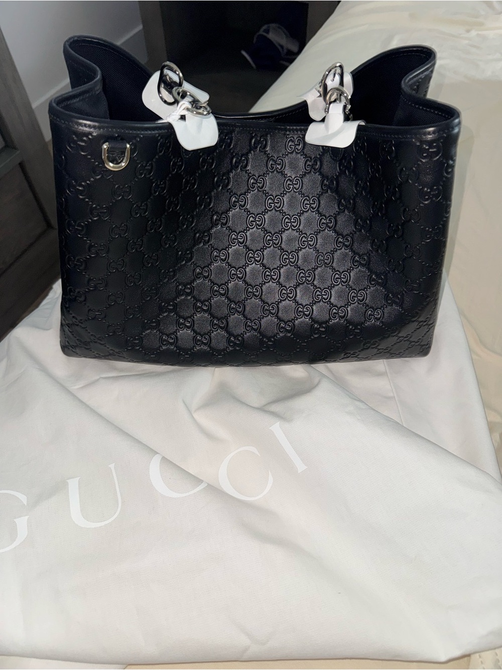 Gucci Black GG Embossed Leather Shoulder Bag with Silver Hardware